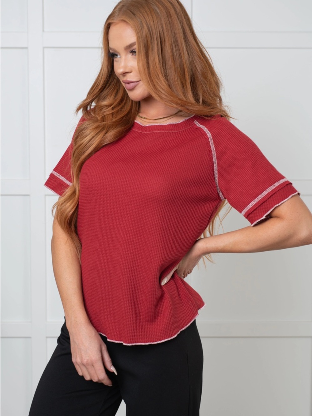 Red Waffle Knit Short Sleeve Top - Women's Casual Tee